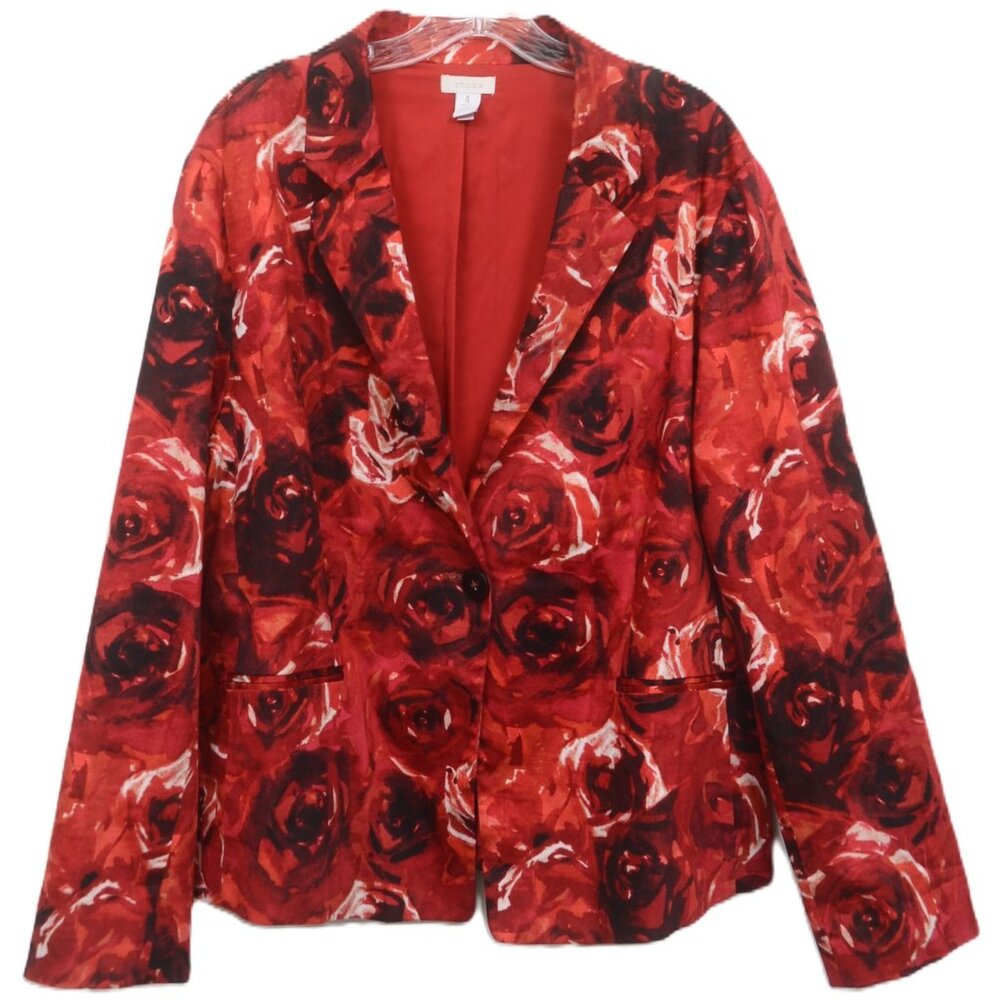 Chico's PLUS Size (4) XXL Red Floral Rose Blazer One Button Lined Jacket Feminin
